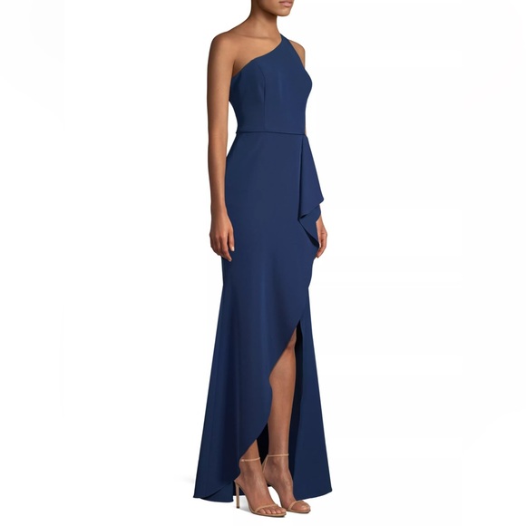 Aidan by Aidan Mattox One-Shoulder Draped High-Low Trumpet Gown - Picture 2 of 4